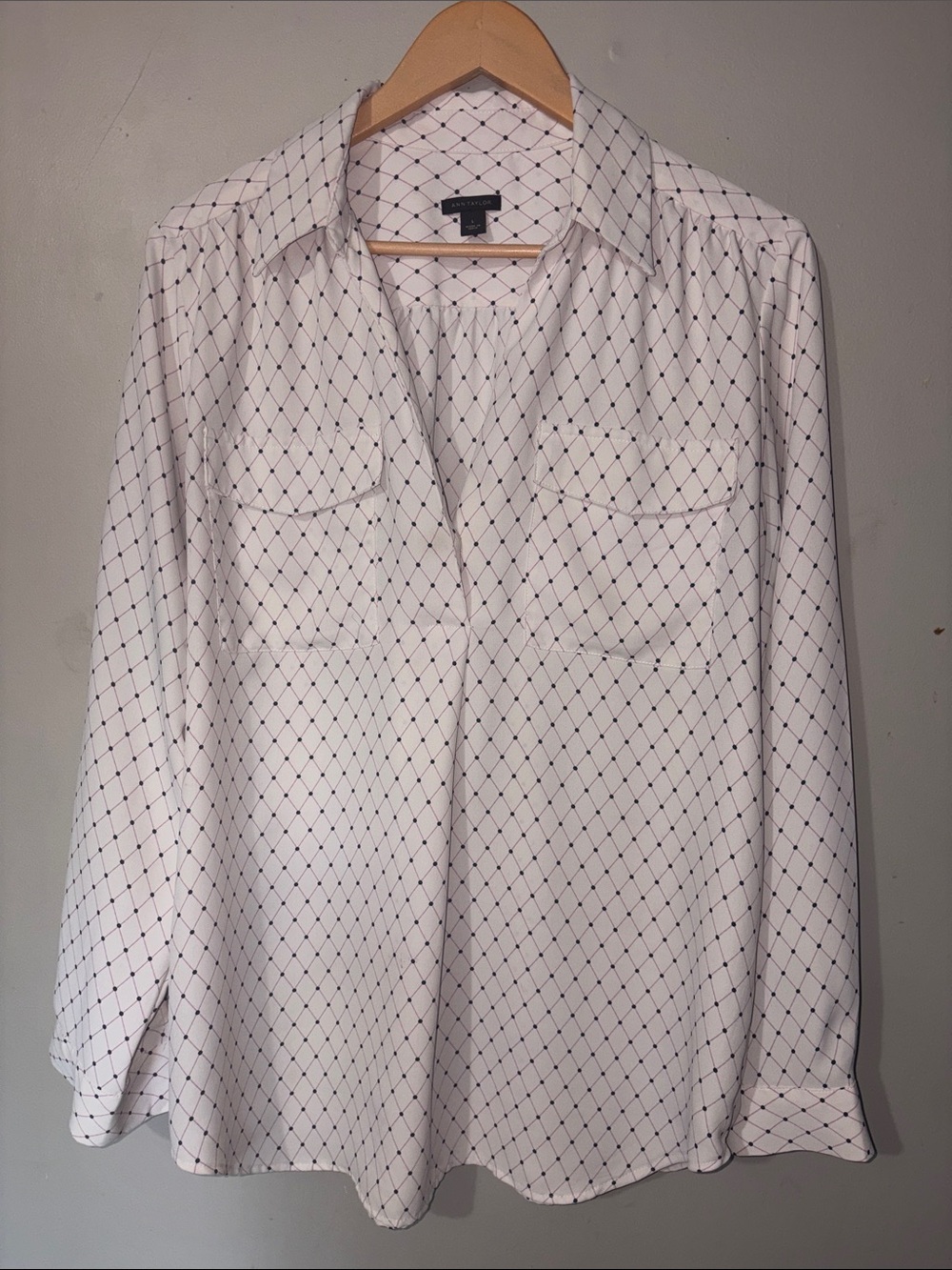 Ann Taylor White Button-Down Blouse with Navy Diamond Print